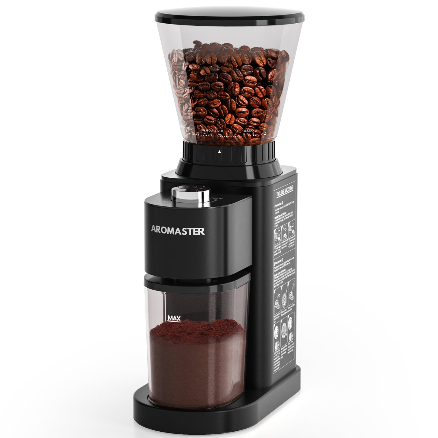 Aromaster Coffee Bean Grinder with 48 Gind Settings, Conical Burr Coffee Grinder for Home Use,Stainless Steel,40 Seconds Adjustable Timer,Anti-static,Easy to Clean with Brush,Beige