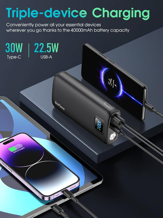 BeeFlavor Portable Charger Power Bank, 40000mAh Power Bank PD 30W and QC 4.0 Quick Charging Built-in Bright flashlight LED Display 2 USB 1Type-C Output for Most Electronic Devices on The Market(Carbon Black)