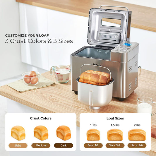 Sencre Bread Maker Machine with 15 Menu Options + 3 Crust Colors, 2 lbs Bread Machine with Automatic Fruit & Nut Dispenser, Includes 6 Accessories, Ideal Breadmaker for Sourdough