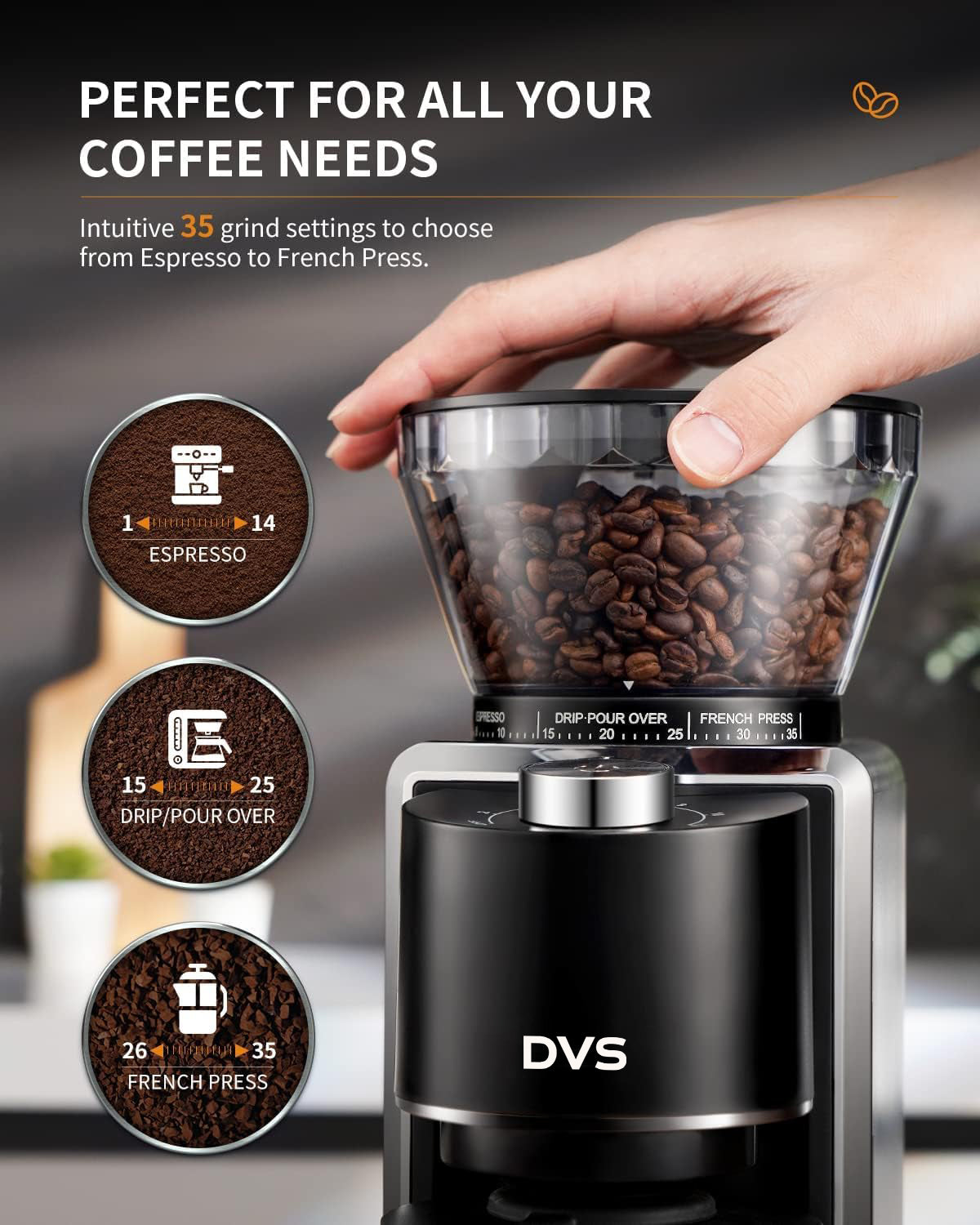 DVS Conical Burr Coffee Grinder Electric 2.0, Adjustable Coffee Bean Grinder