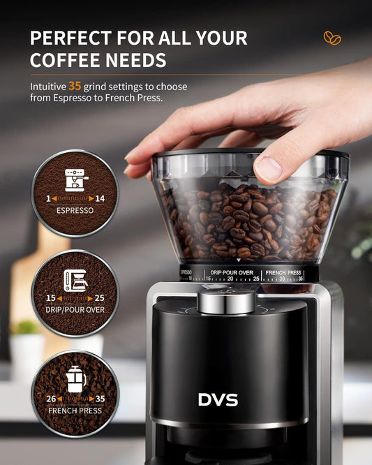DVS Conical Burr Coffee Grinder Electric 2.0, Adjustable Coffee Bean Grinder