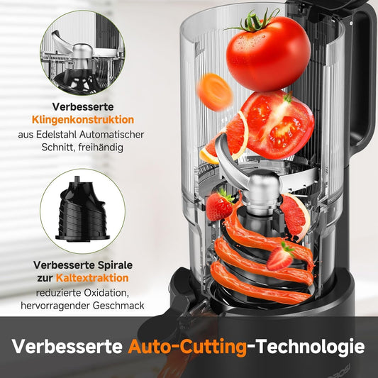 MAX5 Cold Press Juicer with 5.4" Wide Feed Chute - Slow Masticating Juicer Extractor for Whole Fruits & Vegetables - Quiet Motor, Easy to Clean with Brush - High Juice Yield - Black