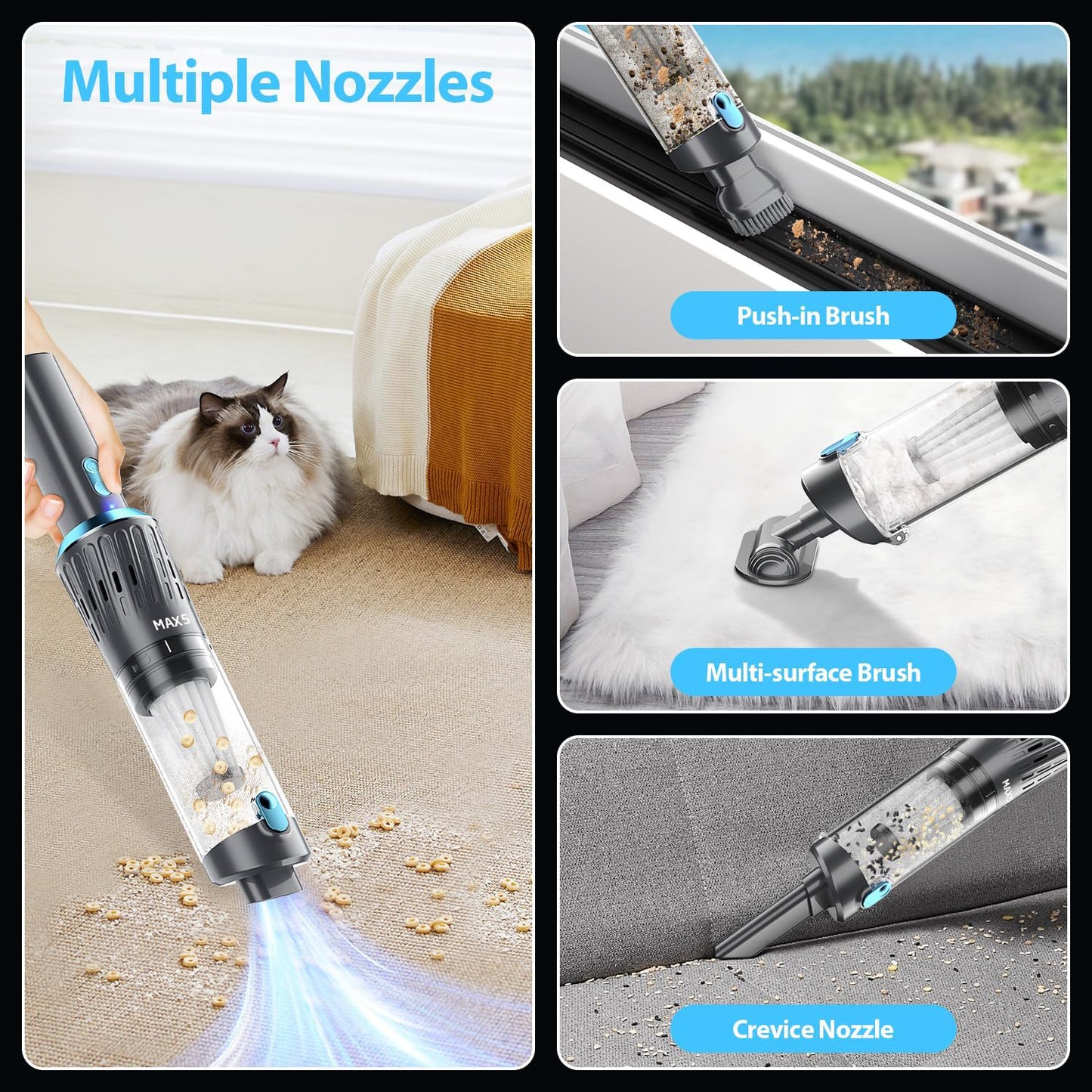 MAX5 Handheld Vacuum Cordless 15000PA Car Vacuum 3-in-1 Hand Held Vacuums 1.1 Pounds Hand Vac Cordless Rechargeable One-Touch Empty for Cleaning Cars Offices Homes Pet Hair and Dust (Blue)