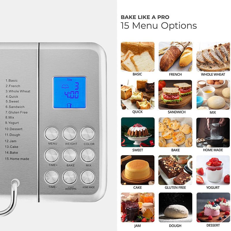 Sencre Bread Maker Machine with 15 Menu Options + 3 Crust Colors, 2 lbs Bread Machine with Automatic Fruit & Nut Dispenser, Includes 6 Accessories, Ideal Breadmaker for Sourdough
