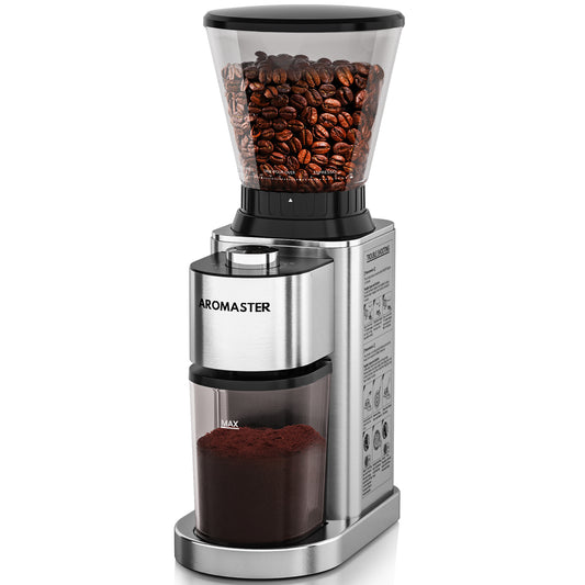 Aromaster Coffee Bean Grinder with 48 Gind Settings, Conical Burr Coffee Grinder for Home Use,Stainless Steel,40 Seconds Adjustable Timer,Anti-static,Easy to Clean with Brush,Beige