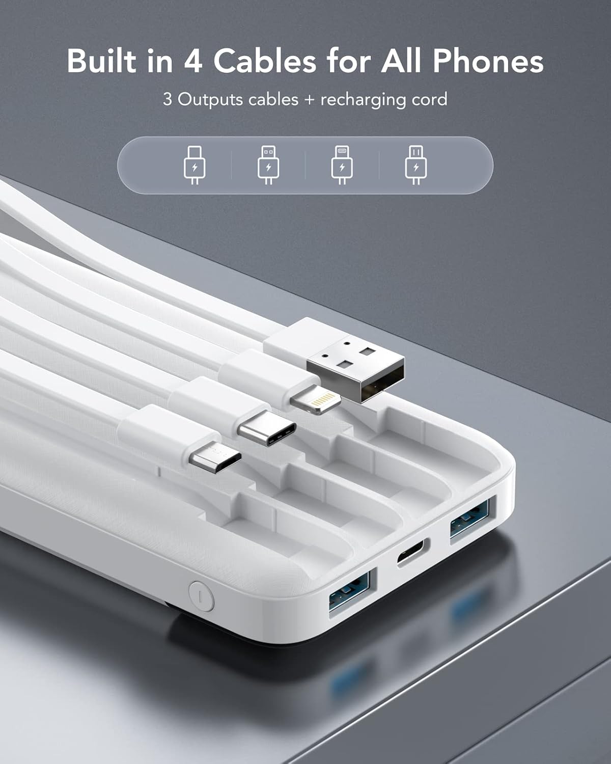 BeeFlavor Portable Charger with Built in Cables, Portable Charger with Cords Wires Slim 10000mAh Travel Battery Pack 6 Outputs 3 Inputs 3A Fast Charging Power Bank for Samsung Google Pixel LG Moto iPhone iPad