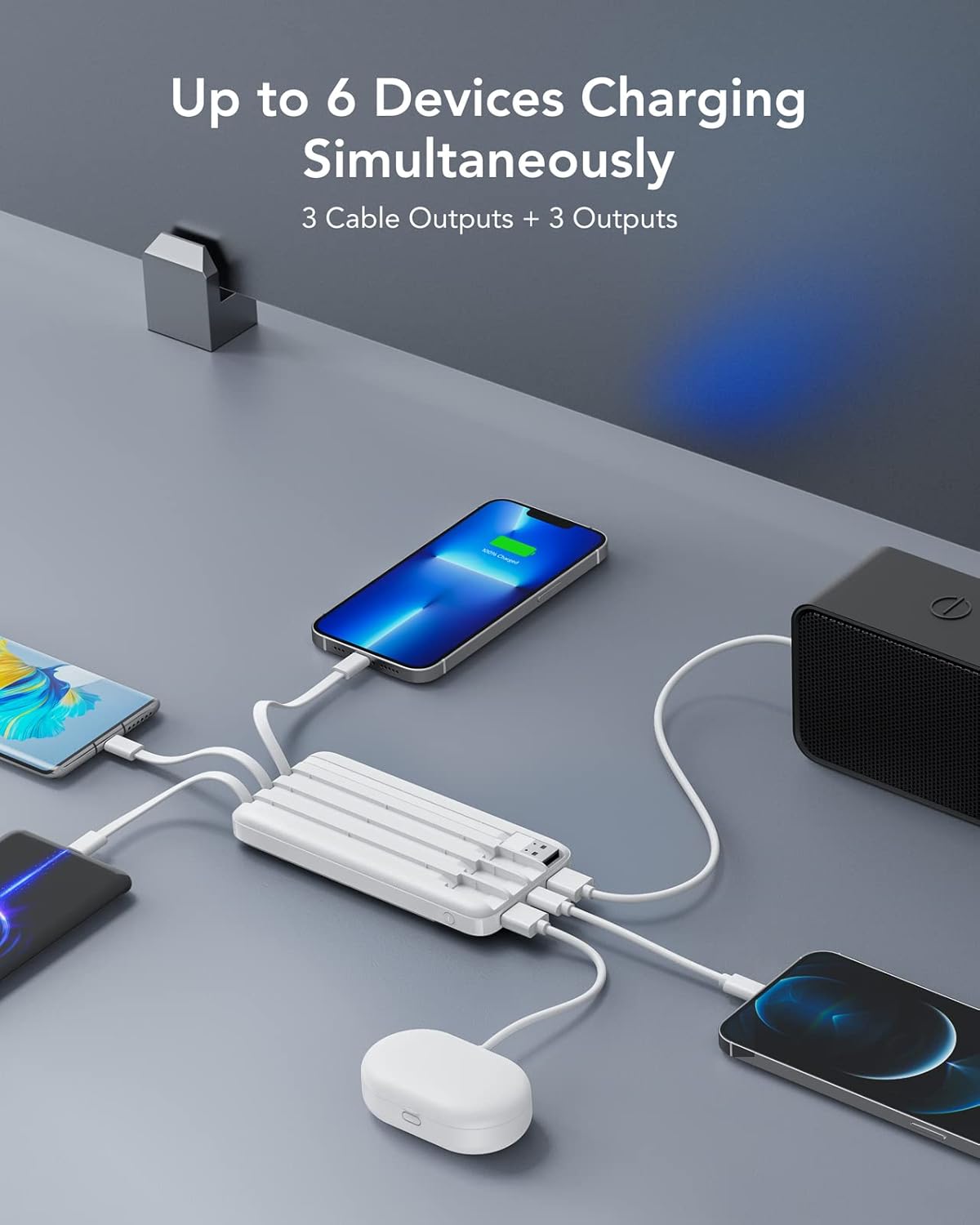 BeeFlavor Portable Charger with Built in Cables, Portable Charger with Cords Wires Slim 10000mAh Travel Battery Pack 6 Outputs 3 Inputs 3A Fast Charging Power Bank for Samsung Google Pixel LG Moto iPhone iPad