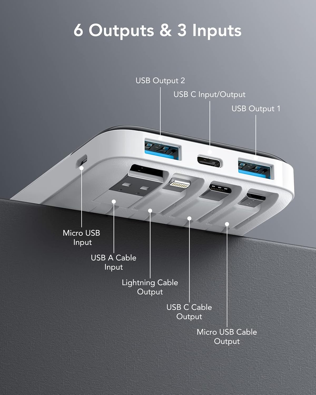 BeeFlavor Portable Charger with Built in Cables, Portable Charger with Cords Wires Slim 10000mAh Travel Battery Pack 6 Outputs 3 Inputs 3A Fast Charging Power Bank for Samsung Google Pixel LG Moto iPhone iPad