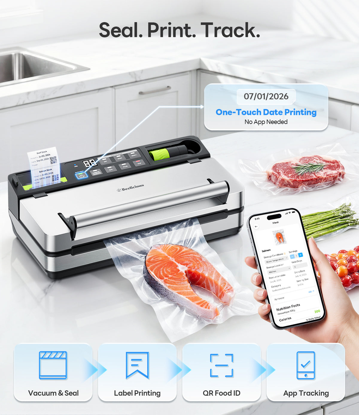 98kPa Smart Vacuum Sealer with FreshTrack Label Printing & Food Manager App