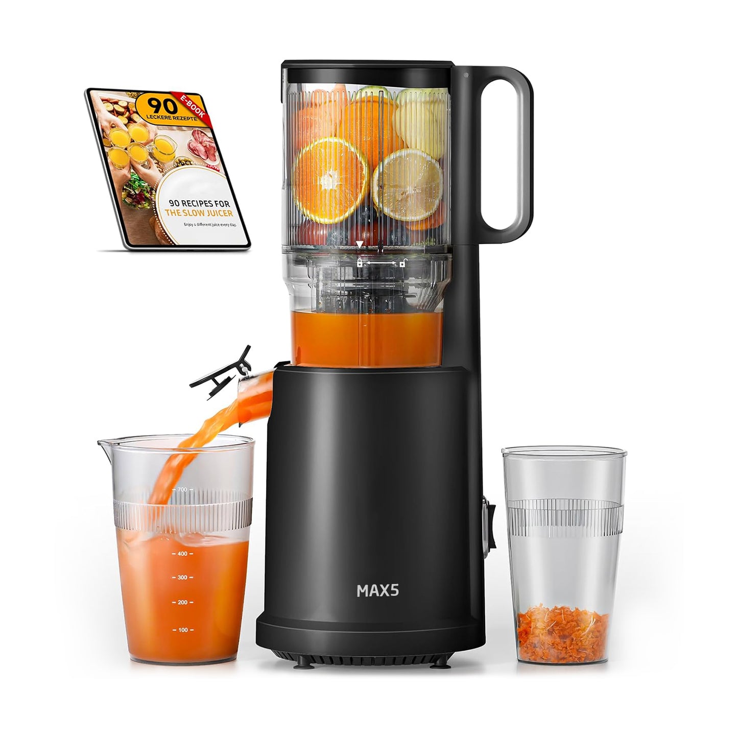MAX5 Cold Press Juicer with 5.4" Wide Feed Chute - Slow Masticating Juicer Extractor for Whole Fruits & Vegetables - Quiet Motor, Easy to Clean with Brush - High Juice Yield - Black