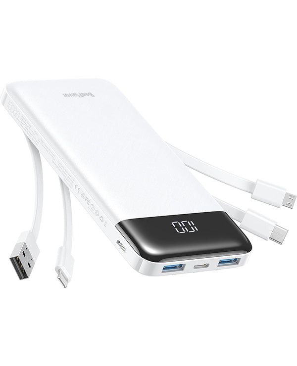 BeeFlavor Portable Charger with Built in Cables, Portable Charger with Cords Wires Slim 10000mAh Travel Battery Pack 6 Outputs 3 Inputs 3A Fast Charging Power Bank for Samsung Google Pixel LG Moto iPhone iPad