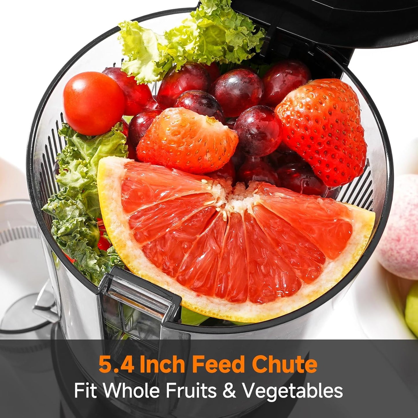 MAX5 Cold Press Juicer with 5.4" Wide Feed Chute - Slow Masticating Juicer Extractor for Whole Fruits & Vegetables - Quiet Motor, Easy to Clean with Brush - High Juice Yield - Black