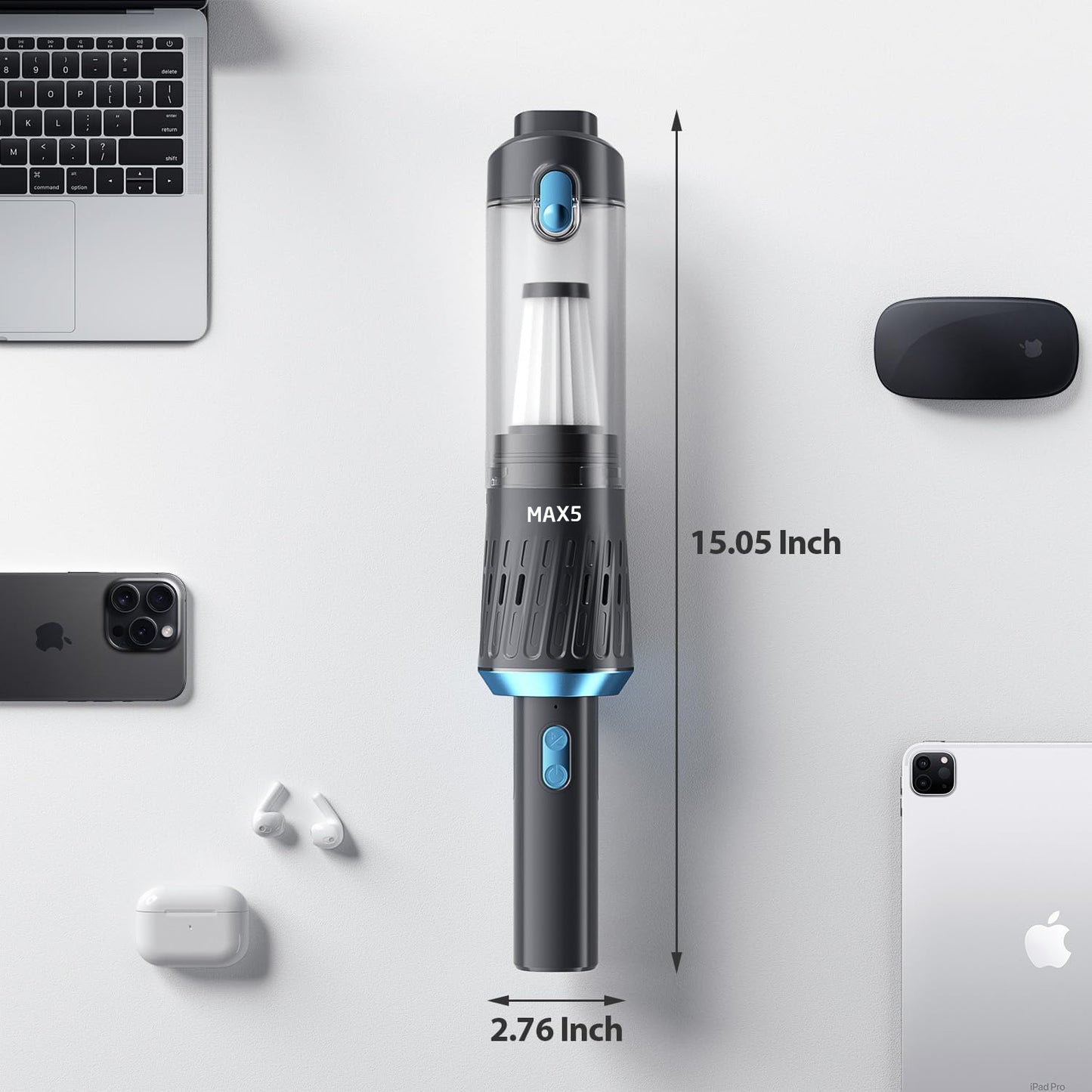 MAX5 Handheld Vacuum Cordless 15000PA Car Vacuum 3-in-1 Hand Held Vacuums 1.1 Pounds Hand Vac Cordless Rechargeable One-Touch Empty for Cleaning Cars Offices Homes Pet Hair and Dust (Blue)