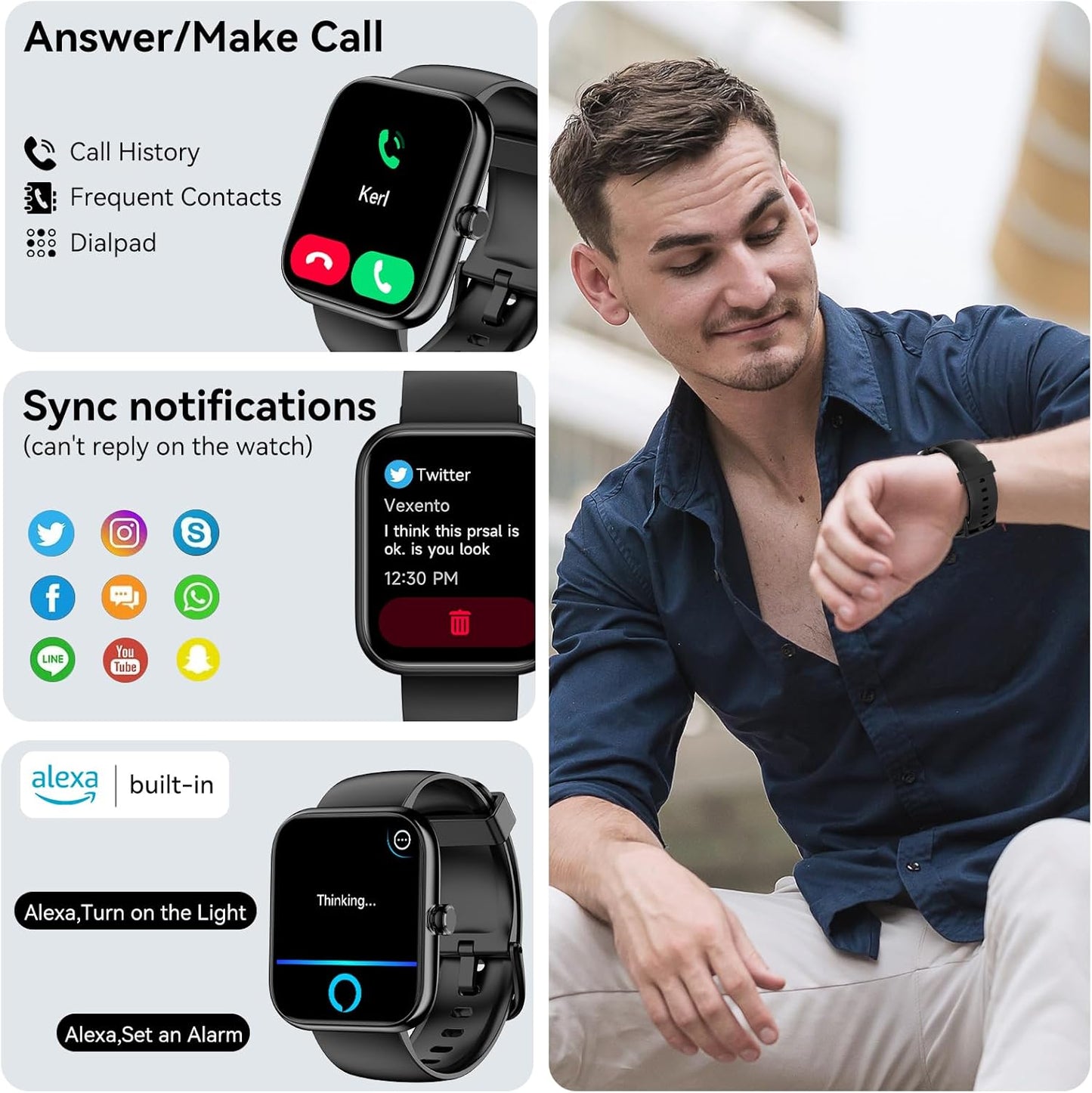 BeeFlavor Smart Watch with Alexa Built-in, 1.83" HD Touchscreen, Digital Bluetooth Calling, IP68 Waterproof Fitness Tracker, 120+ Sports Modes, 24/7 Heart Rate/Sleep Monitor for iPhone Android (Black)