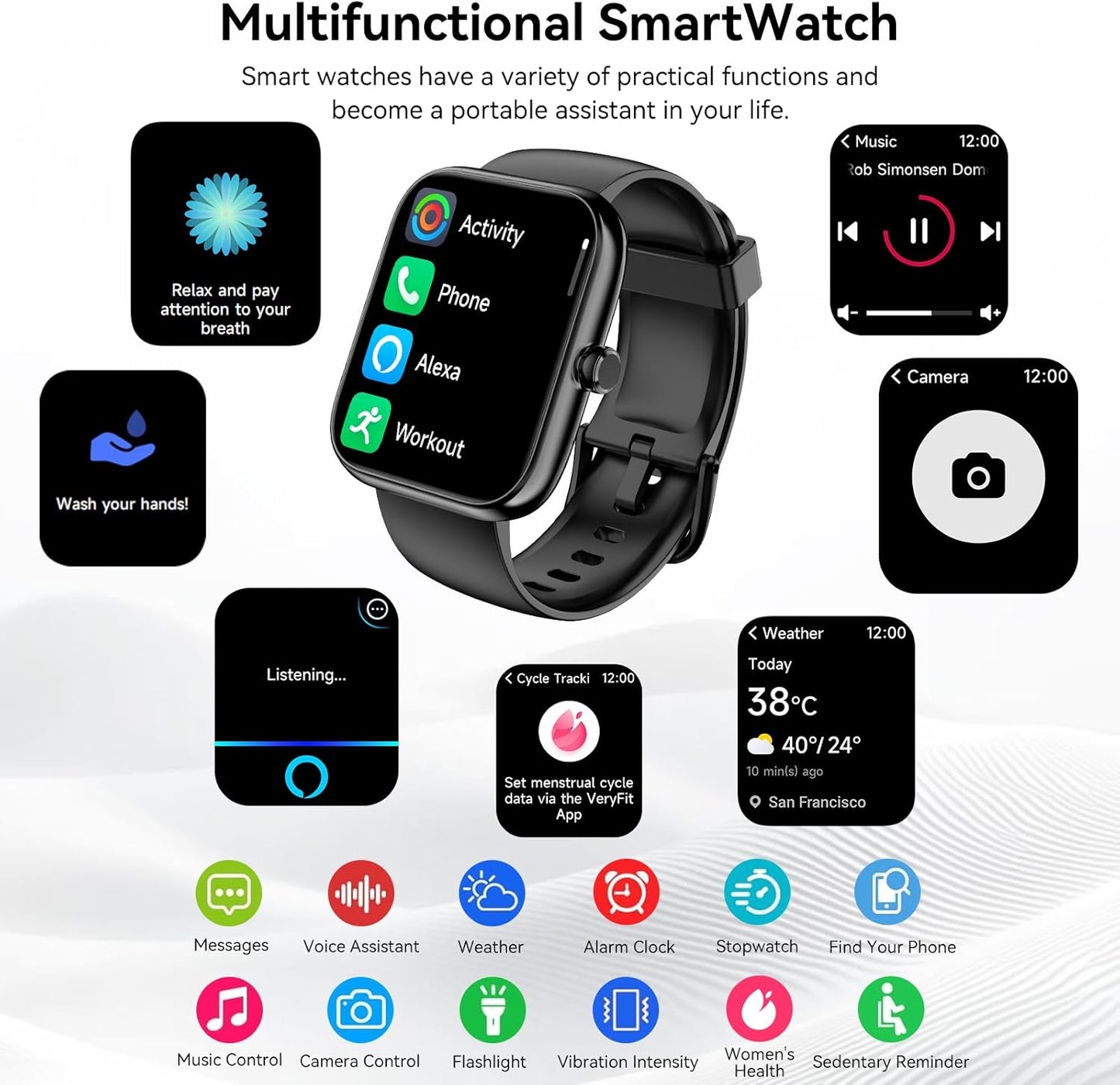 BeeFlavor Smart Watch with Alexa Built-in, 1.83" HD Touchscreen, Digital Bluetooth Calling, IP68 Waterproof Fitness Tracker, 120+ Sports Modes, 24/7 Heart Rate/Sleep Monitor for iPhone Android (Black)