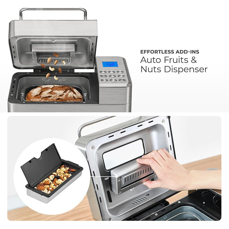 Sencre Bread Maker Machine with 15 Menu Options + 3 Crust Colors, 2 lbs Bread Machine with Automatic Fruit & Nut Dispenser, Includes 6 Accessories, Ideal Breadmaker for Sourdough