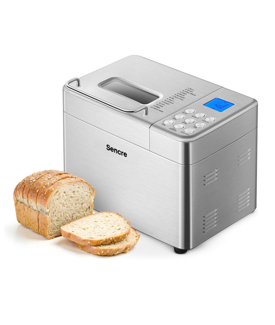 Sencre Bread Maker Machine with 15 Menu Options + 3 Crust Colors, 2 lbs Bread Machine with Automatic Fruit & Nut Dispenser, Includes 6 Accessories, Ideal Breadmaker for Sourdough