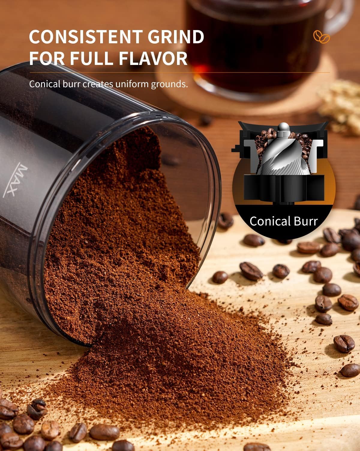 DVS Conical Burr Coffee Grinder Electric 2.0, Adjustable Coffee Bean Grinder