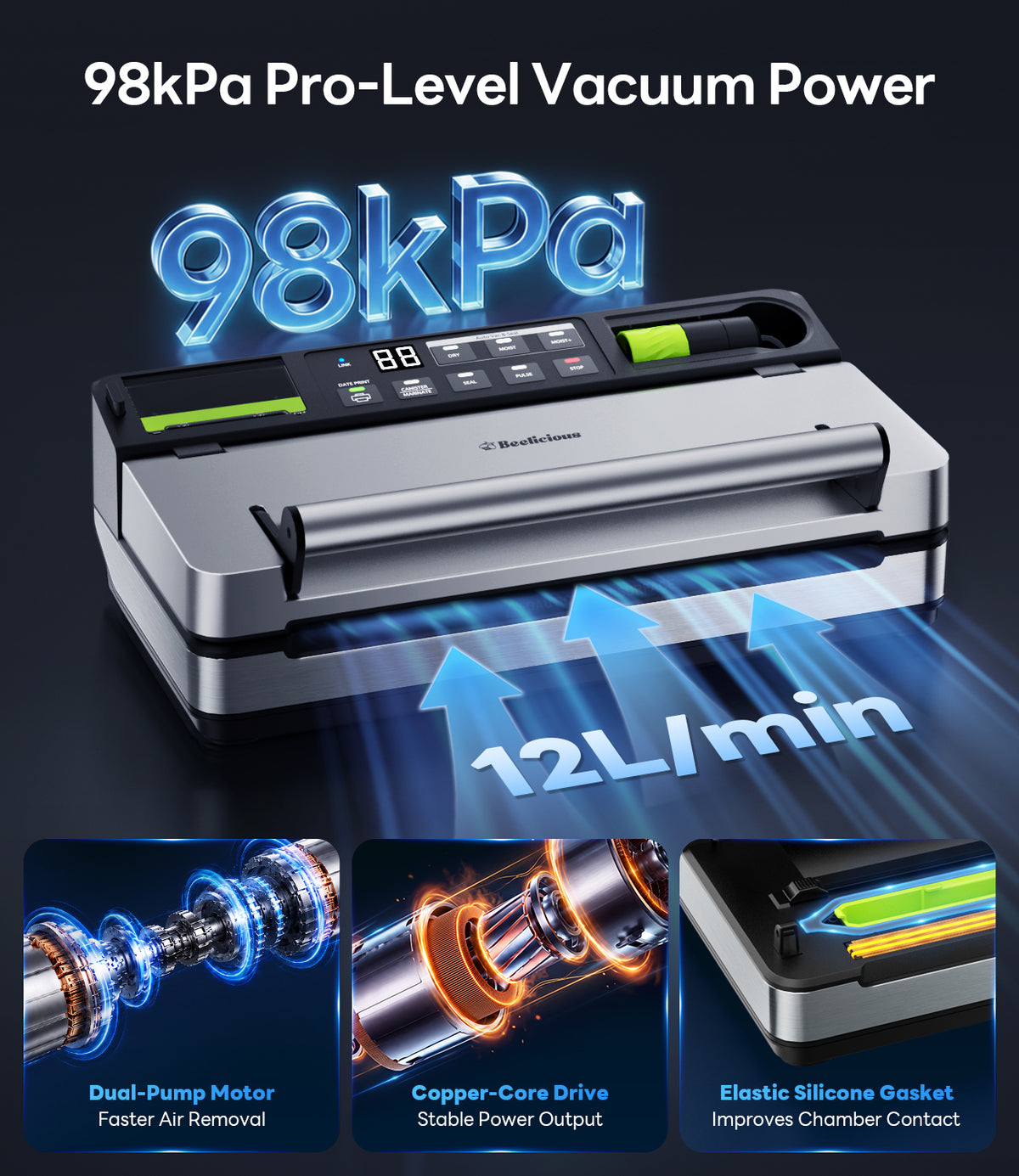 98kPa Smart Vacuum Sealer with FreshTrack Label Printing & Food Manager App