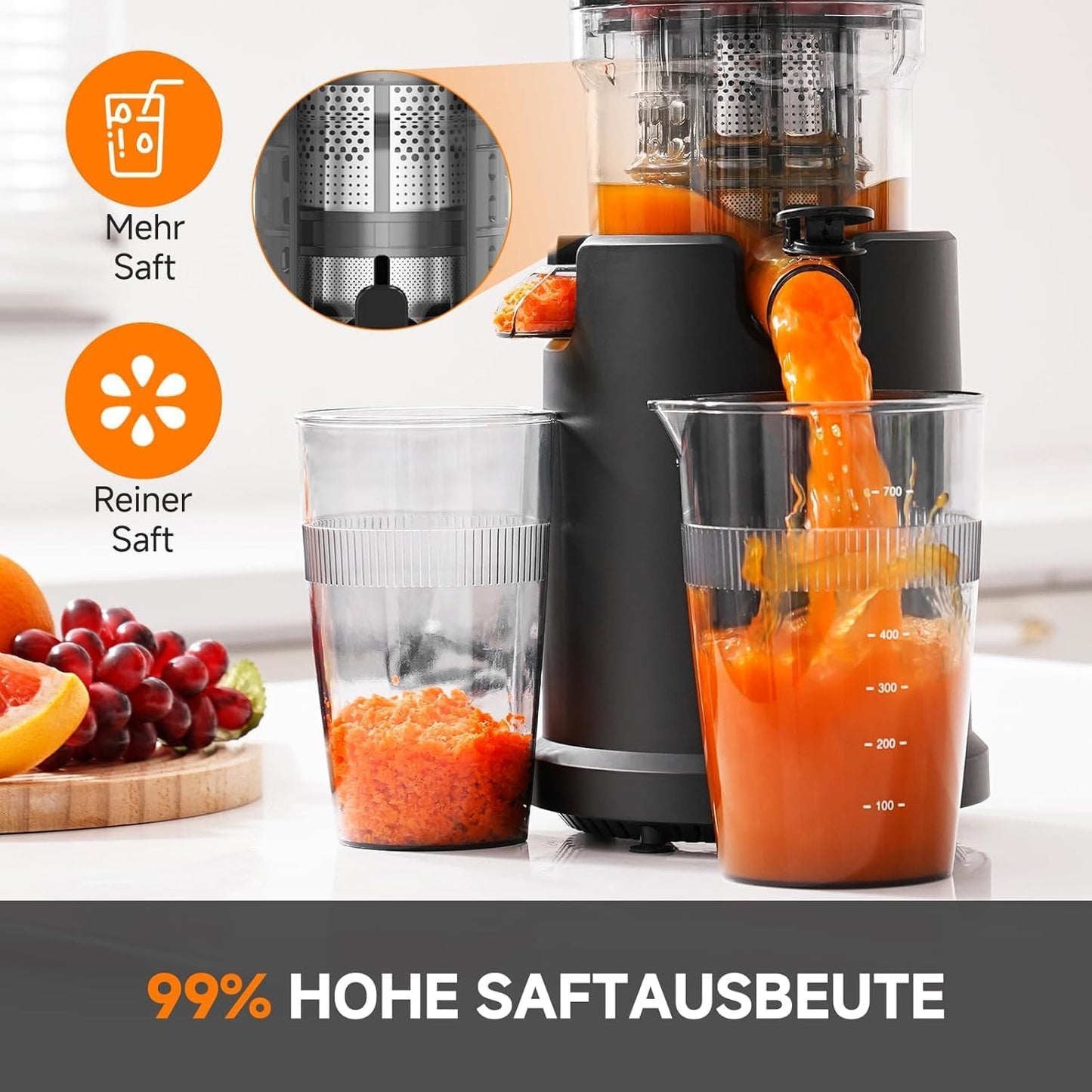 MAX5 Cold Press Juicer with 5.4" Wide Feed Chute - Slow Masticating Juicer Extractor for Whole Fruits & Vegetables - Quiet Motor, Easy to Clean with Brush - High Juice Yield - Black