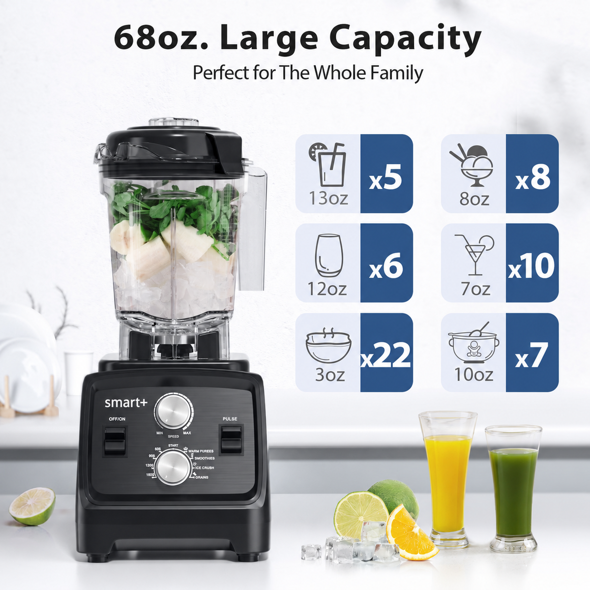 Beelicious Smart+ 1800W Professional Blender, 68 Oz. Large Capacity, 2-in-1 Blender & Grinder Combo, BPA-Free Countertop Blender for Smoothies, Ice Crush & Frozen Drinks, Platinum