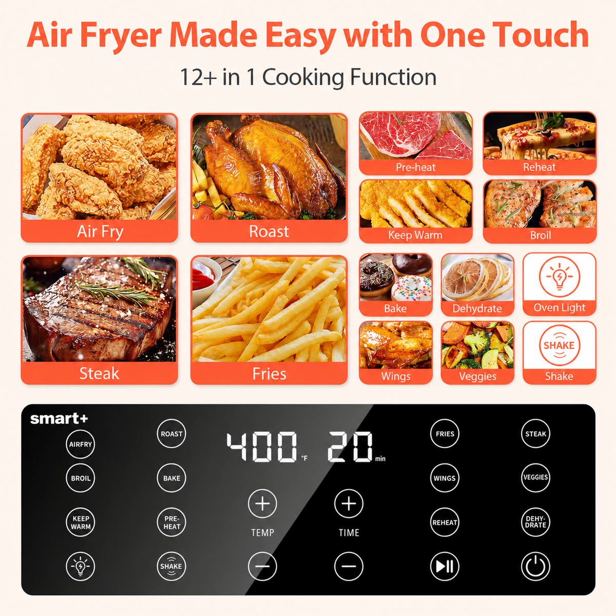 Beelicious Smart+ 5.8Qt Large Air Fryer with Viewing Window, 12-in-1 Digital Air Fryer, Flavor-Lock Technology, Shake Reminder, Dishwasher-Safe Nonstick Basket, 40+ Recipes, Black