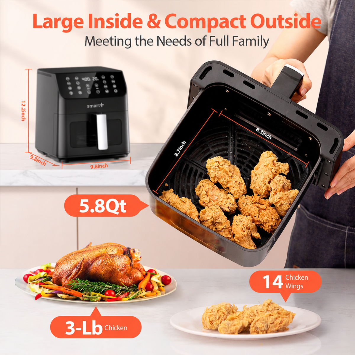 Beelicious Smart+ 5.8Qt Large Air Fryer with Viewing Window, 12-in-1 Digital Air Fryer, Flavor-Lock Technology, Shake Reminder, Dishwasher-Safe Nonstick Basket, 40+ Recipes, Black
