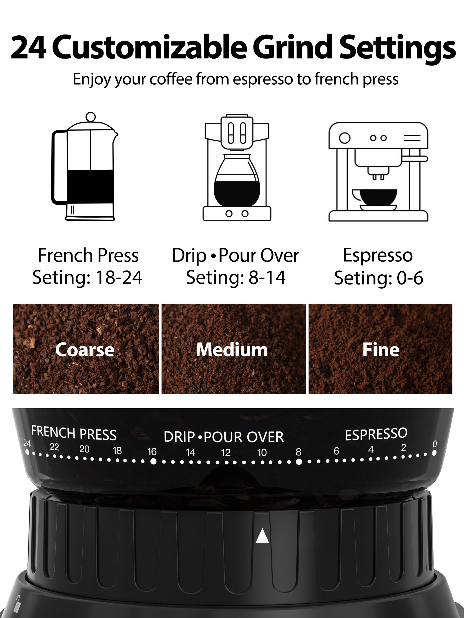 Coffee Grinder Electric, Aromaster Burr Coffee Grinder, Conical Stainless Steel Coffee Bean Grinder with 24 Grind Settings, Grind Timer, Espresso/Drip